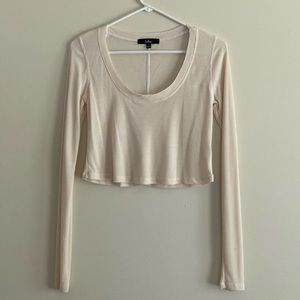Ivory Ribbed Scoop Neck Long Sleeve Crop Top, Size S